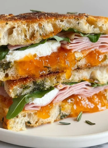 Goat cheese and ham focaccia sandwich with apricot jam on a wooden board