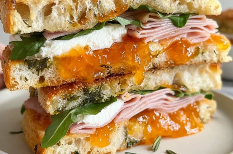 Goat cheese and ham focaccia sandwich with apricot jam on a wooden board