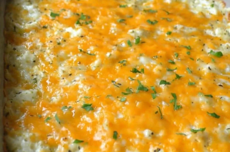 Delicious Green Chile Cauliflower Casserole served in a baking dish