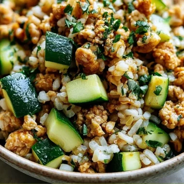 Ground Chicken Zucchini Rice Skillet in a black skillet garnished with fresh herbs
