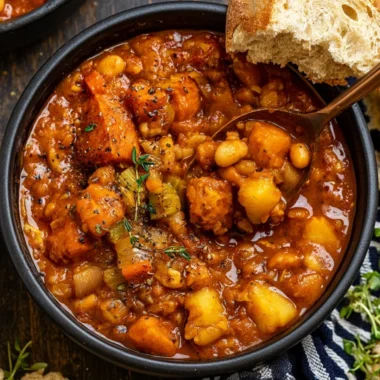 Bowl of hearty vegan sweet potato stew with vegetables and spices