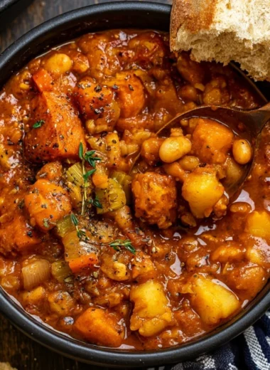 Bowl of hearty vegan sweet potato stew with vegetables and spices