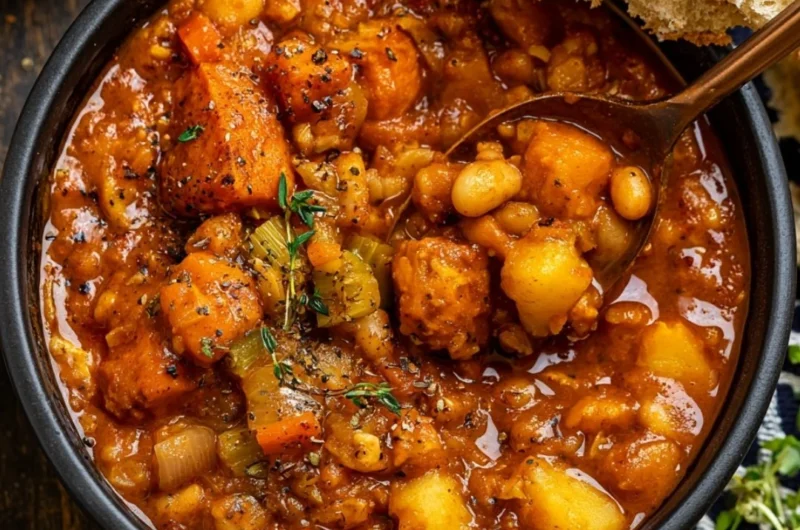 Bowl of hearty vegan sweet potato stew with vegetables and spices