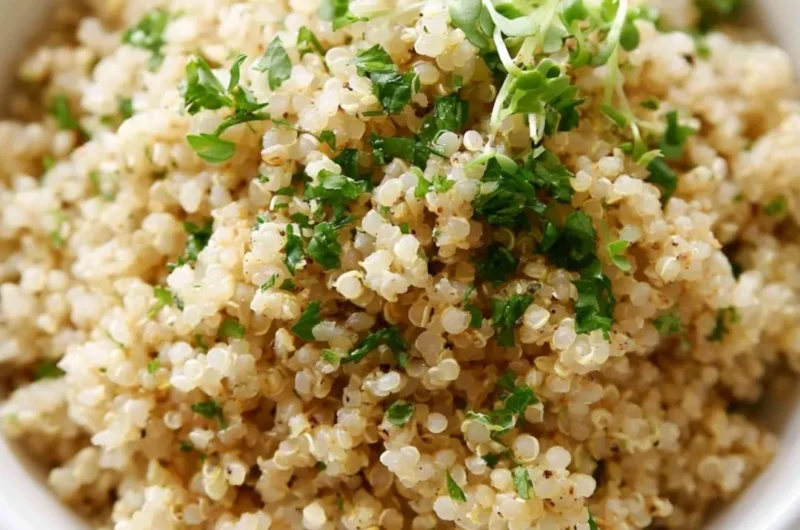Bowl of herb and garlic quinoa garnished with fresh herbs