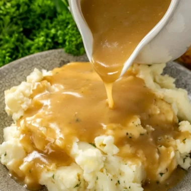 Delicious homemade gravy served over mashed potatoes