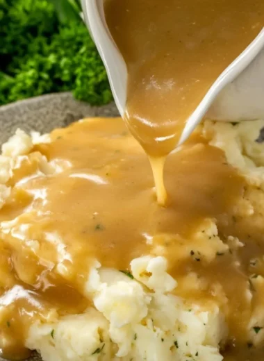 Delicious homemade gravy served over mashed potatoes