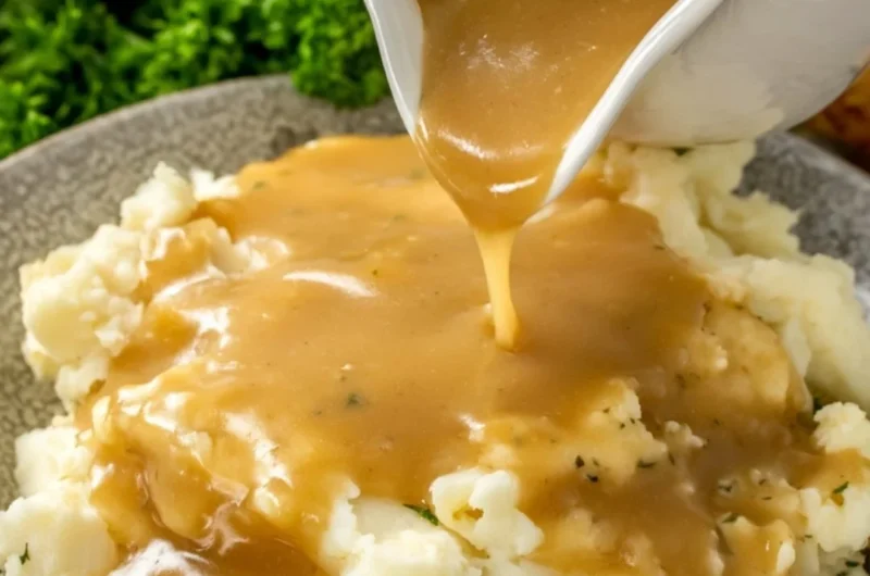 Delicious homemade gravy served over mashed potatoes