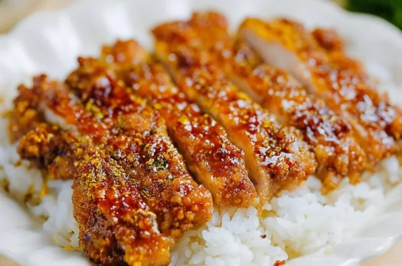 Honey garlic crispy chicken served with a side of vegetables