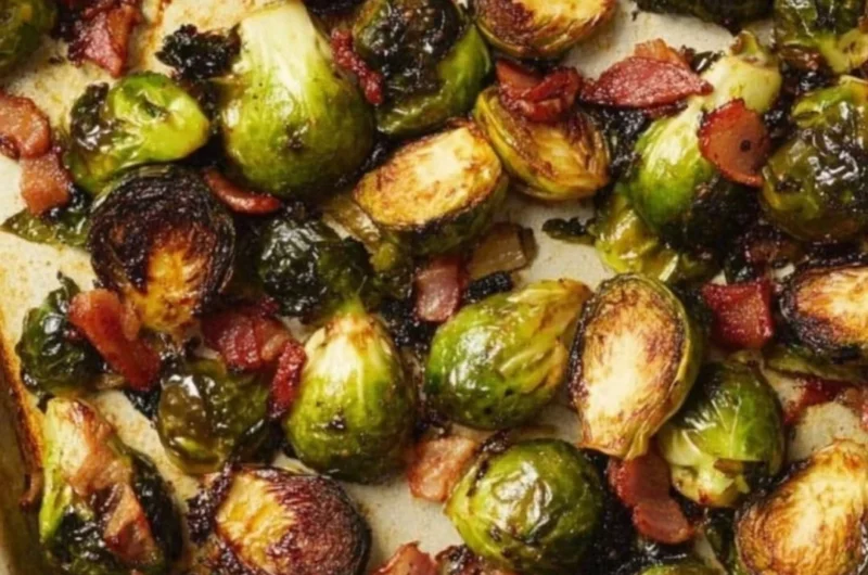 Ina Garten's roasted Brussels sprouts recipe showcasing delicious seasoning and presentation.