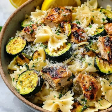 Italian Lemon Chicken Pasta with herbs and a lemon slice garnish