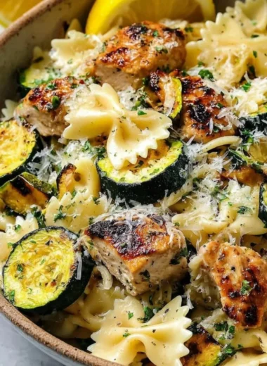 Italian Lemon Chicken Pasta with herbs and a lemon slice garnish