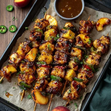 Jalapeno Peach Chicken Skewers on a grill, garnished with fresh herbs.