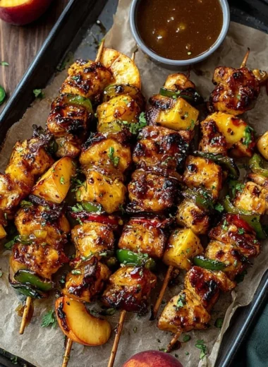 Jalapeno Peach Chicken Skewers on a grill, garnished with fresh herbs.