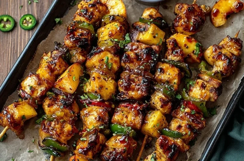 Jalapeno Peach Chicken Skewers on a grill, garnished with fresh herbs.