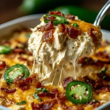 Delicious Jalapeño Popper Chicken Casserole topped with cheese and jalapeños