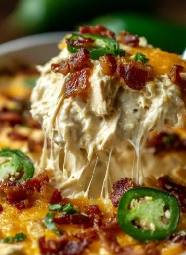 Delicious Jalapeño Popper Chicken Casserole topped with cheese and jalapeños