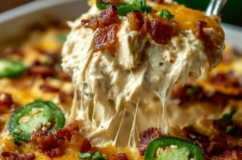 Delicious Jalapeño Popper Chicken Casserole topped with cheese and jalapeños