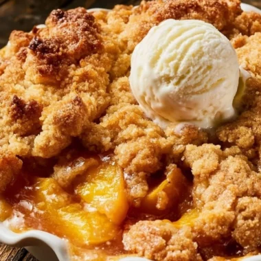 Delicious peach cobbler made using Joanna Gaines' recipe, topped with golden crust.