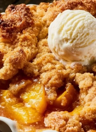 Delicious peach cobbler made using Joanna Gaines' recipe, topped with golden crust.
