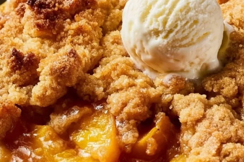 Delicious peach cobbler made using Joanna Gaines' recipe, topped with golden crust.