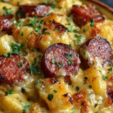 Cheesy potato kielbasa casserole served in a dish with fresh herbs