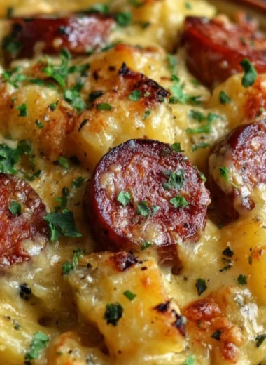 Cheesy potato kielbasa casserole served in a dish with fresh herbs