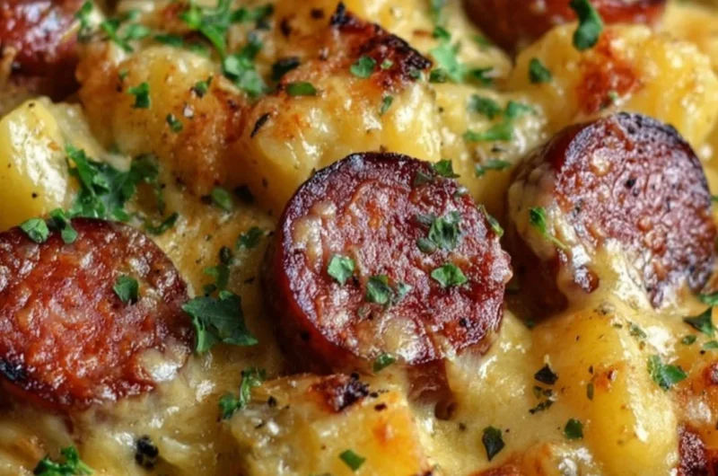 Cheesy potato kielbasa casserole served in a dish with fresh herbs