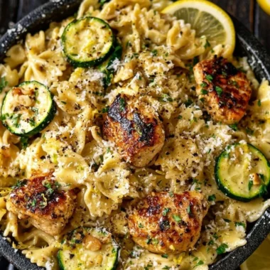 Plate of lemon chicken pasta garnished with fresh herbs and lemon slices.