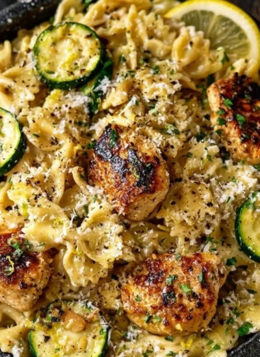 Plate of lemon chicken pasta garnished with fresh herbs and lemon slices.