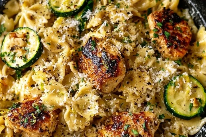 Plate of lemon chicken pasta garnished with fresh herbs and lemon slices.