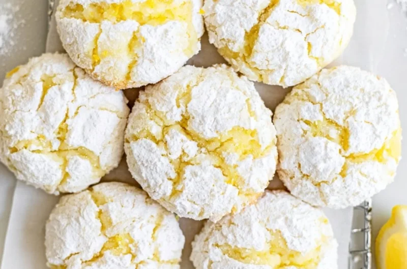 Plate of freshly baked Lemon Crinkle Cookies dusted with powdered sugar