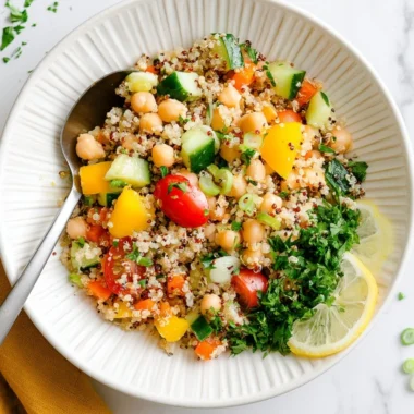Lemon Quinoa Salad with Chickpeas garnished with fresh herbs