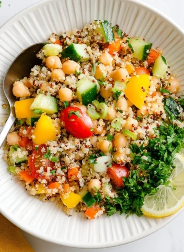 Lemon Quinoa Salad with Chickpeas garnished with fresh herbs