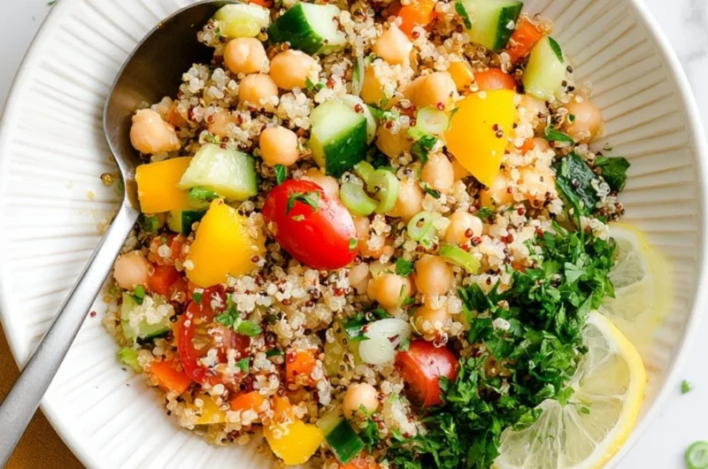 Lemon Quinoa Salad with Chickpeas garnished with fresh herbs