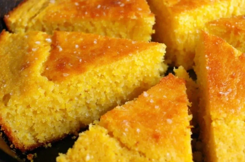 Slice of old-fashioned cornbread served on a wooden plate