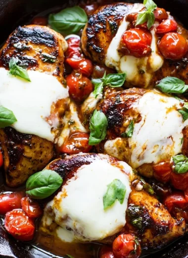 One-Pan Balsamic Chicken served with vegetables on a plate.