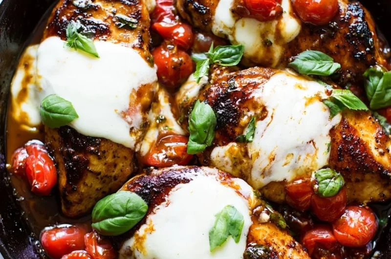 One-Pan Balsamic Chicken served with vegetables on a plate.