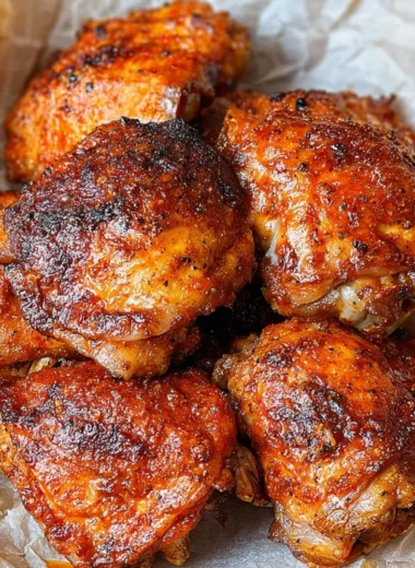 Oven Fried Chicken Thighs served with sides on a rustic table.