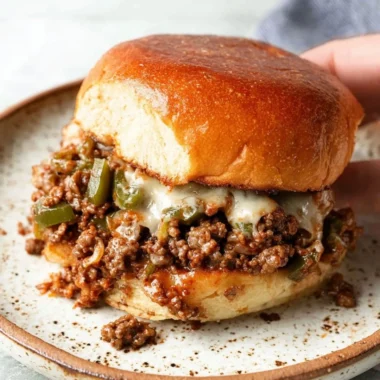 Philly cheesesteak sloppy joes served on a plate with toppings.