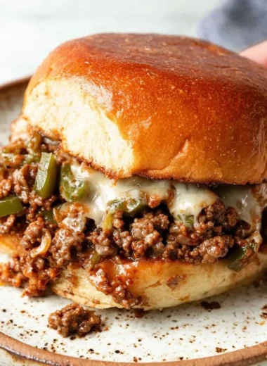 Philly cheesesteak sloppy joes served on a plate with toppings.