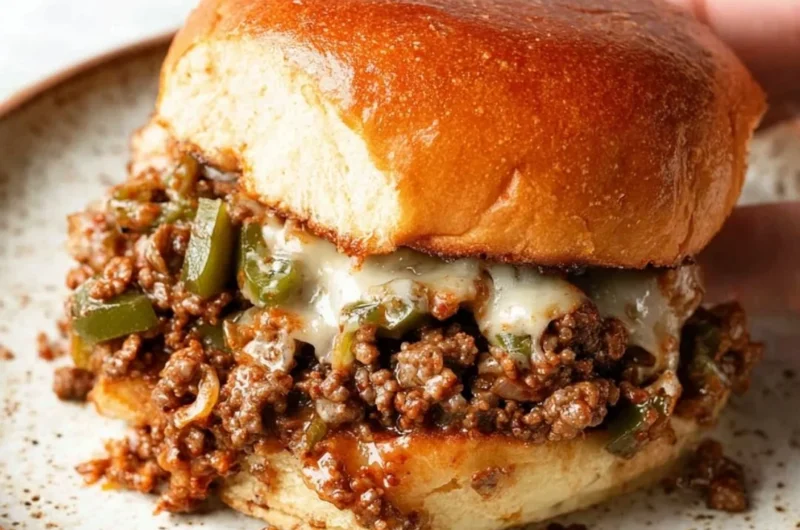 Philly cheesesteak sloppy joes served on a plate with toppings.