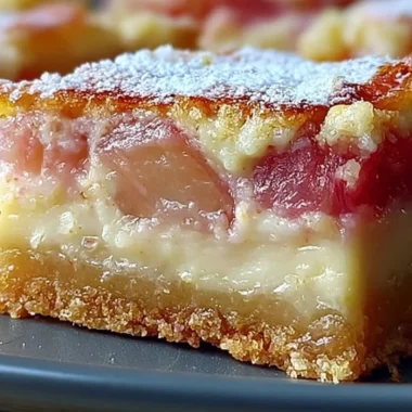 Delicious rhubarb custard bars with a golden crust and creamy filling.