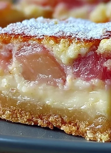 Delicious rhubarb custard bars with a golden crust and creamy filling.