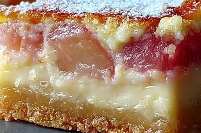Delicious rhubarb custard bars with a golden crust and creamy filling.