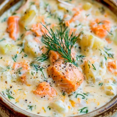 Delicious salmon chowder soup served in a bowl with fresh herbs