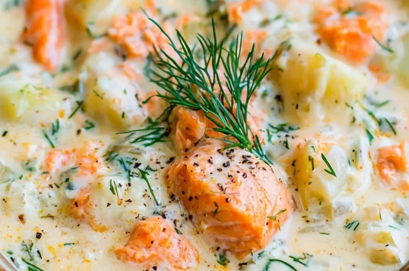 Delicious salmon chowder soup served in a bowl with fresh herbs