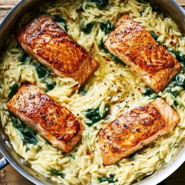 Pan-seared salmon with lemon orzo and spinach on a plate