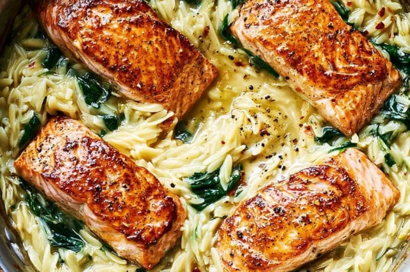 Pan-seared salmon with lemon orzo and spinach on a plate