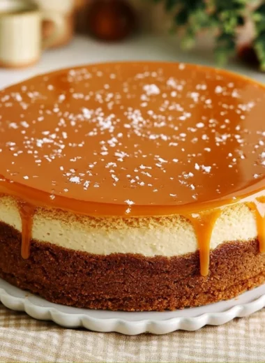 Delicious Salted Caramel Cheesecake topped with drizzled caramel sauce