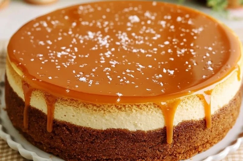 Delicious Salted Caramel Cheesecake topped with drizzled caramel sauce